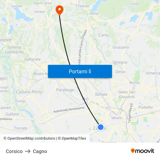 Corsico to Cagno map