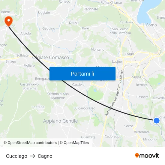 Cucciago to Cagno map
