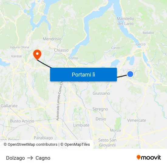 Dolzago to Cagno map