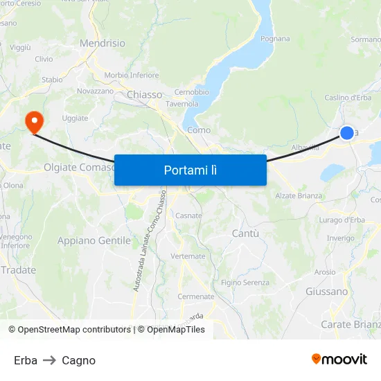 Erba to Cagno map