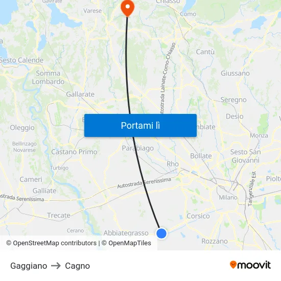 Gaggiano to Cagno map