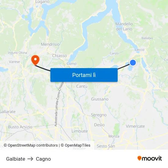 Galbiate to Cagno map