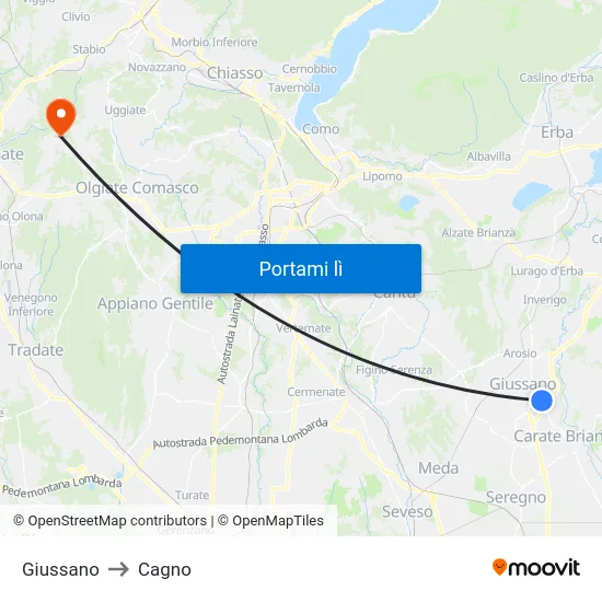 Giussano to Cagno map