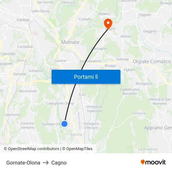 Gornate-Olona to Cagno map