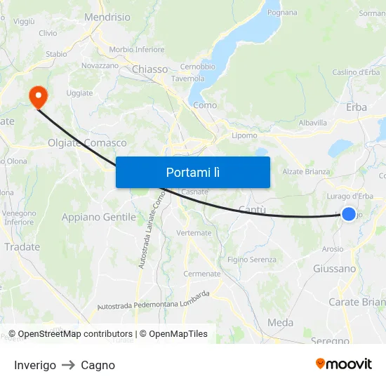 Inverigo to Cagno map