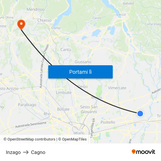Inzago to Cagno map