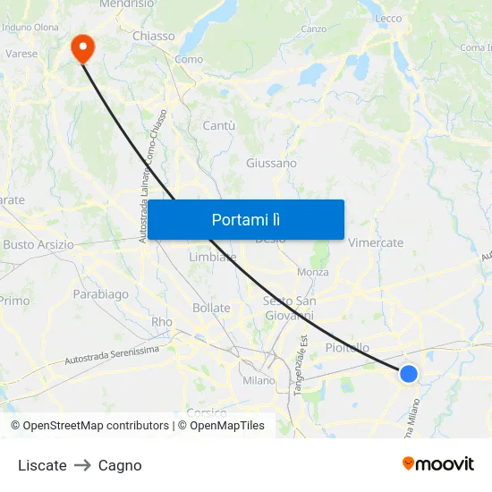Liscate to Cagno map