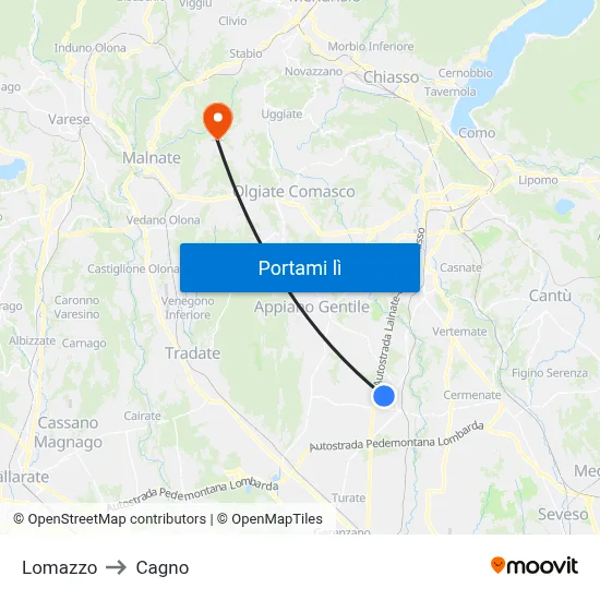 Lomazzo to Cagno map