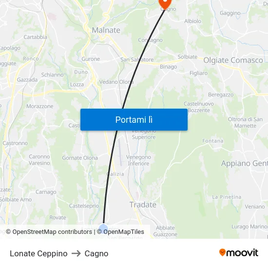 Lonate Ceppino to Cagno map
