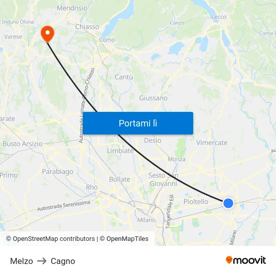 Melzo to Cagno map