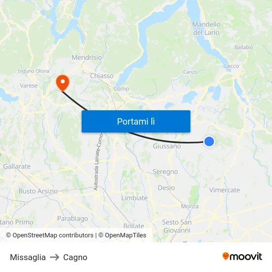 Missaglia to Cagno map