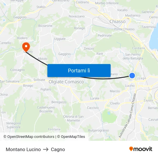 Montano Lucino to Cagno map