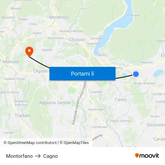 Montorfano to Cagno map