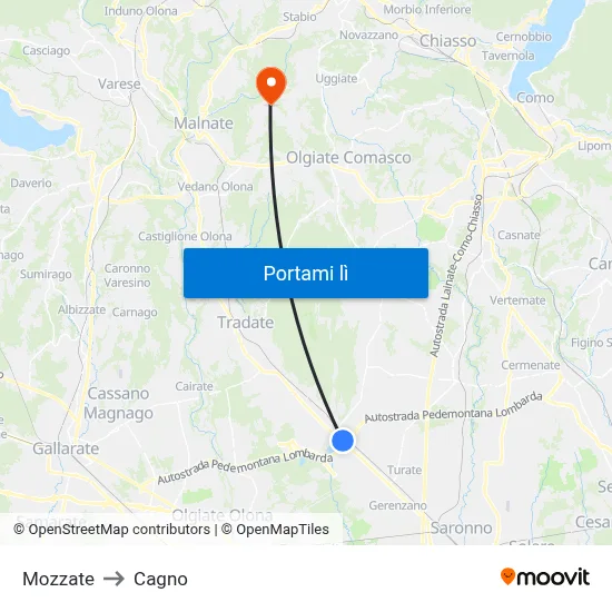 Mozzate to Cagno map