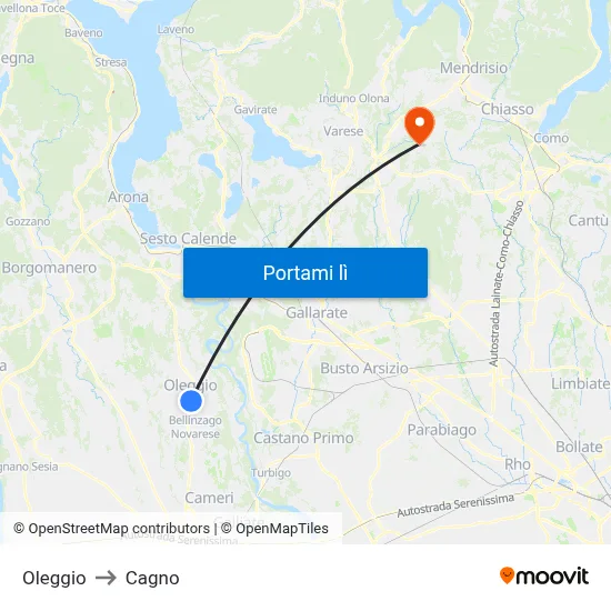 Oleggio to Cagno map