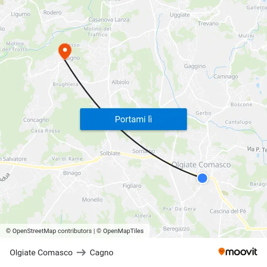 Olgiate Comasco to Cagno map