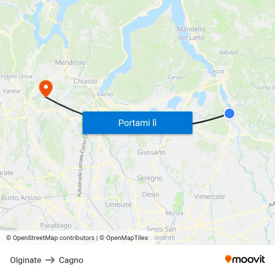 Olginate to Cagno map