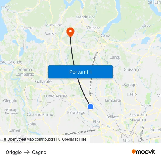 Origgio to Cagno map