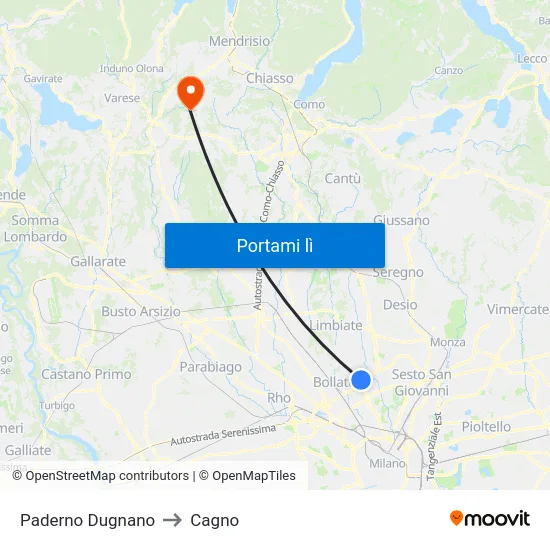 Paderno Dugnano to Cagno map