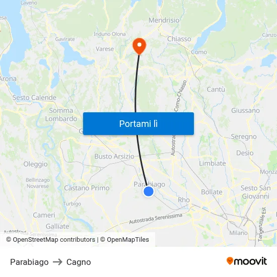 Parabiago to Cagno map