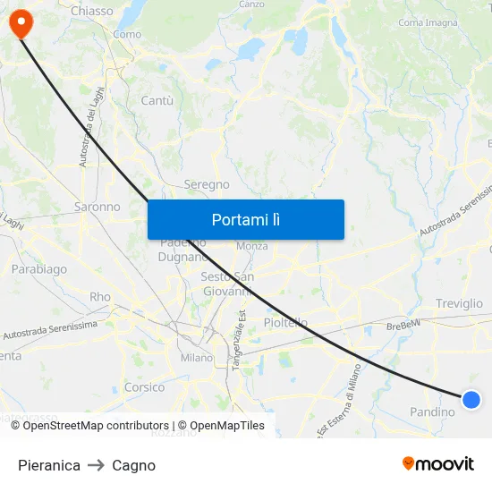 Pieranica to Cagno map