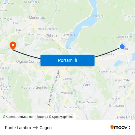 Ponte Lambro to Cagno map