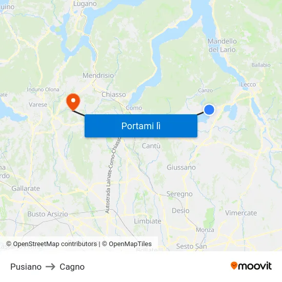 Pusiano to Cagno map