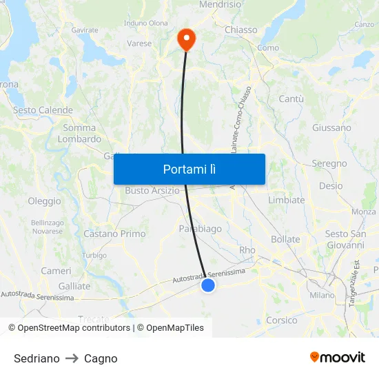 Sedriano to Cagno map