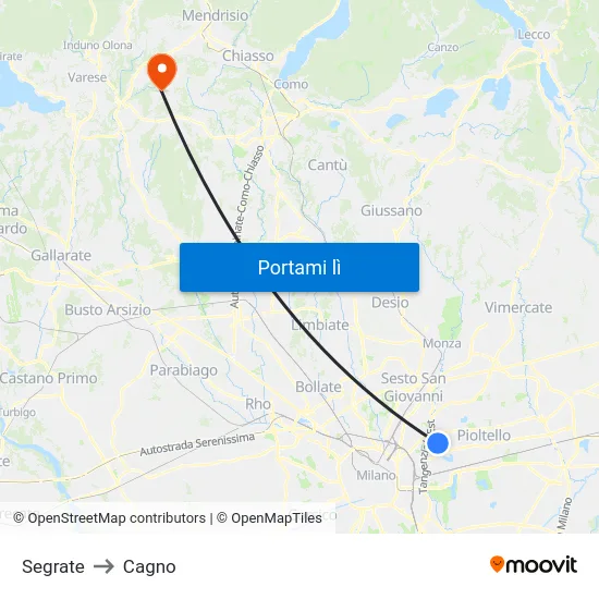 Segrate to Cagno map