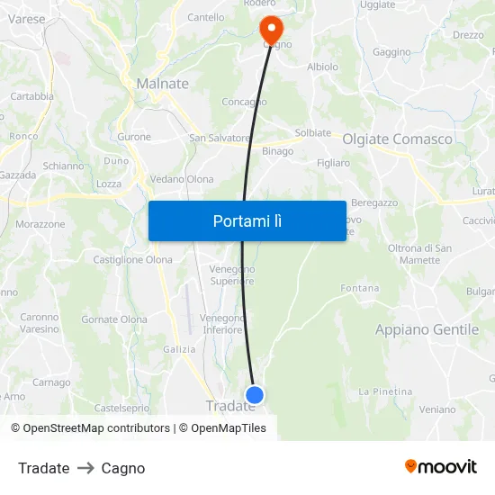 Tradate to Cagno map