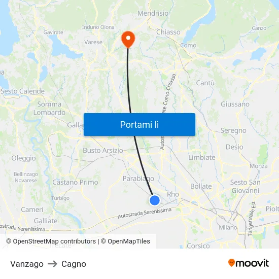 Vanzago to Cagno map