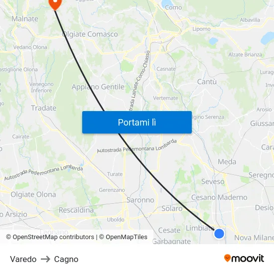 Varedo to Cagno map