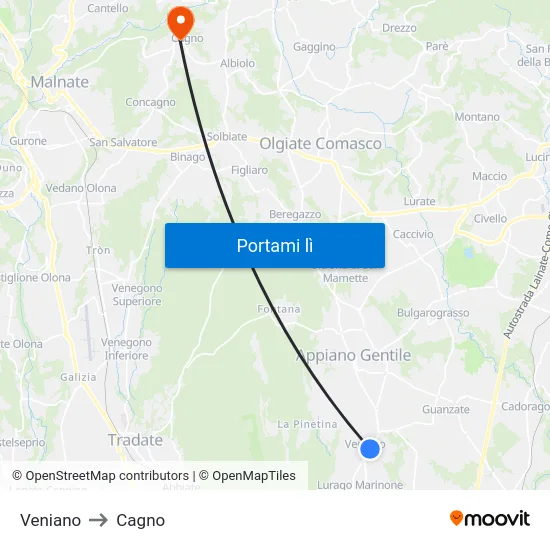 Veniano to Cagno map