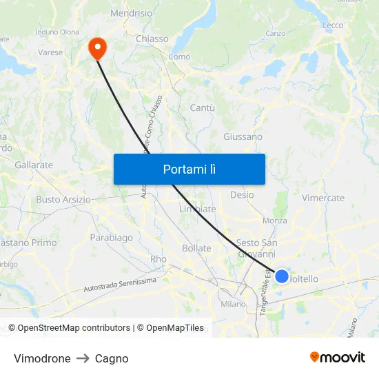 Vimodrone to Cagno map