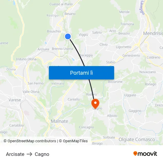 Arcisate to Cagno map