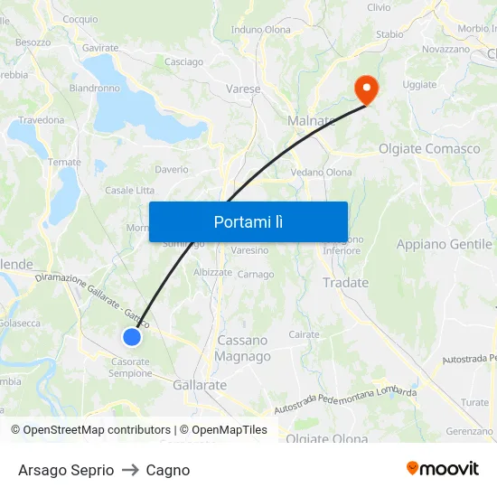 Arsago Seprio to Cagno map