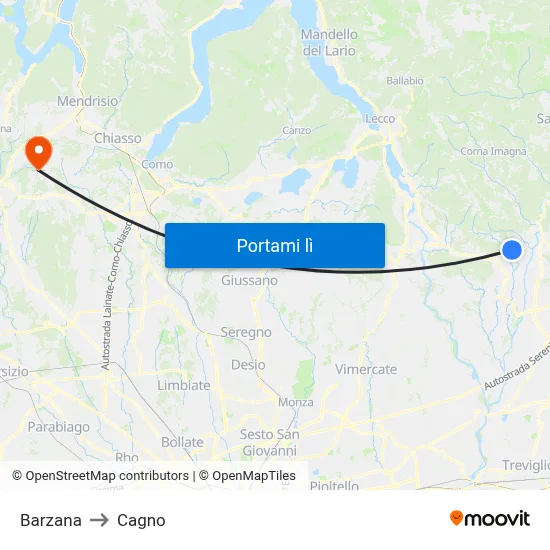 Barzana to Cagno map