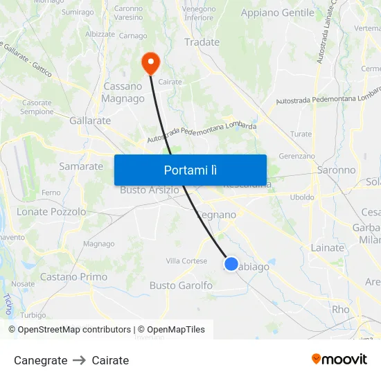 Canegrate to Cairate map