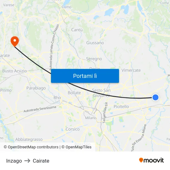 Inzago to Cairate map