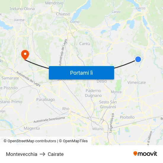 Montevecchia to Cairate map