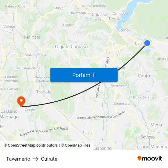 Tavernerio to Cairate map