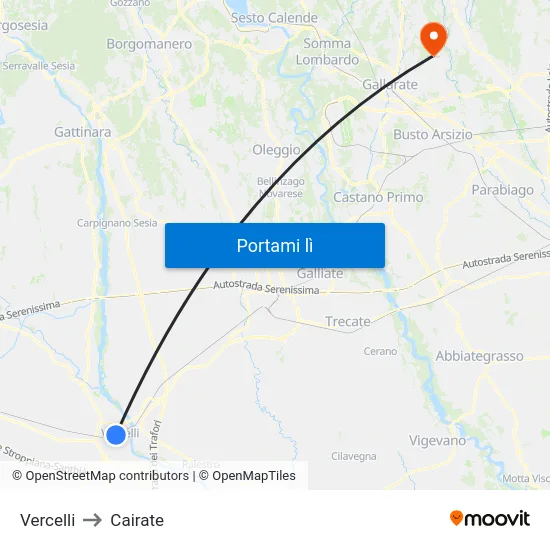 Vercelli to Cairate map