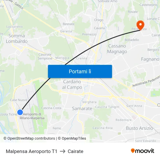 Malpensa Aeroporto T1 to Cairate map
