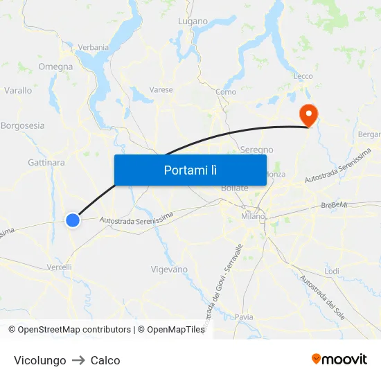 Vicolungo to Calco map