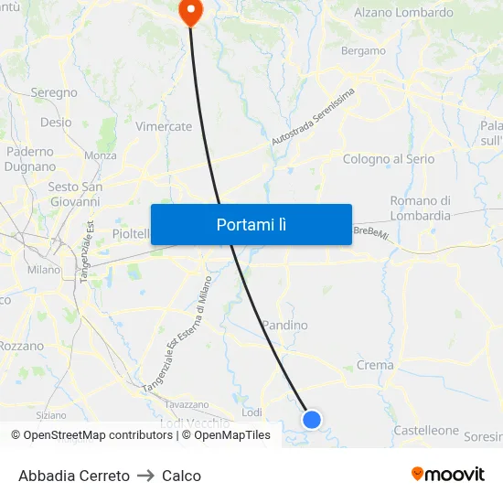Abbadia Cerreto to Calco map