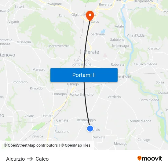 Aicurzio to Calco map