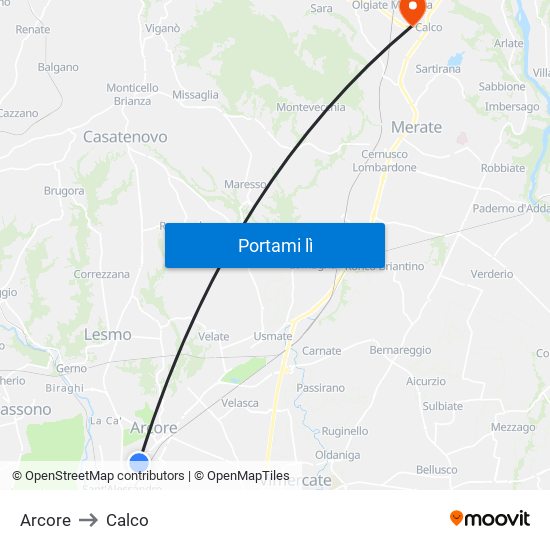 Arcore to Calco map