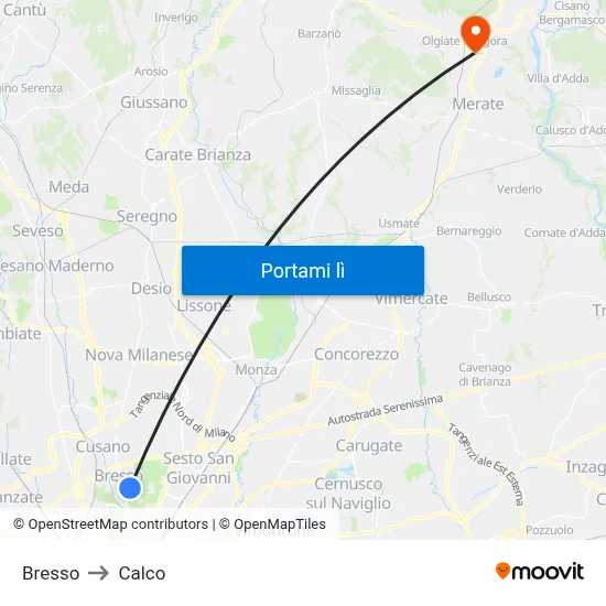 Bresso to Calco map