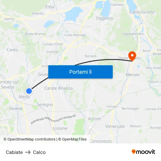 Cabiate to Calco map