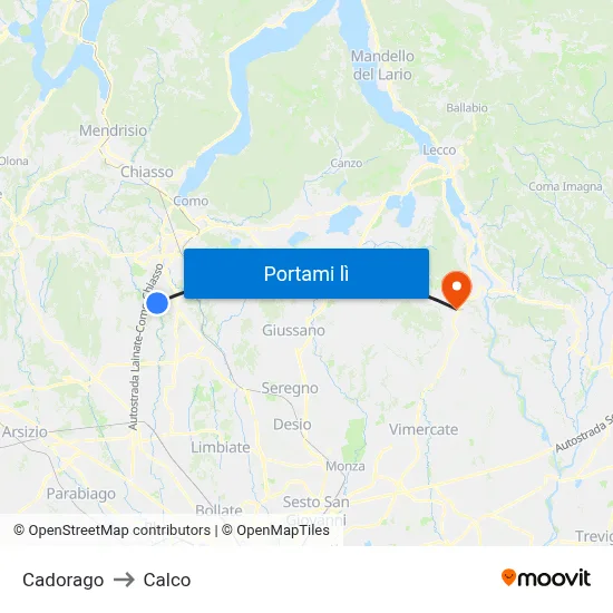 Cadorago to Calco map